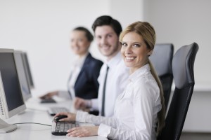 business people group with headphones giving support in help desk office to customers, manager giving training and education instructions